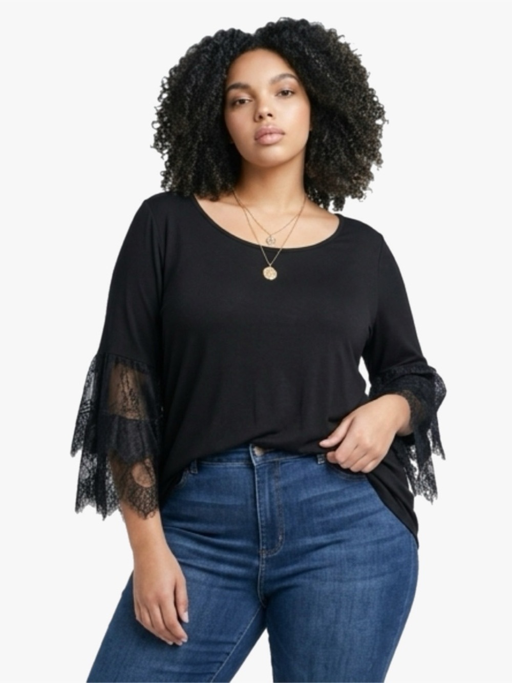 Marled Womens Plus Size 2X Black Lace Bell Sleeve Top